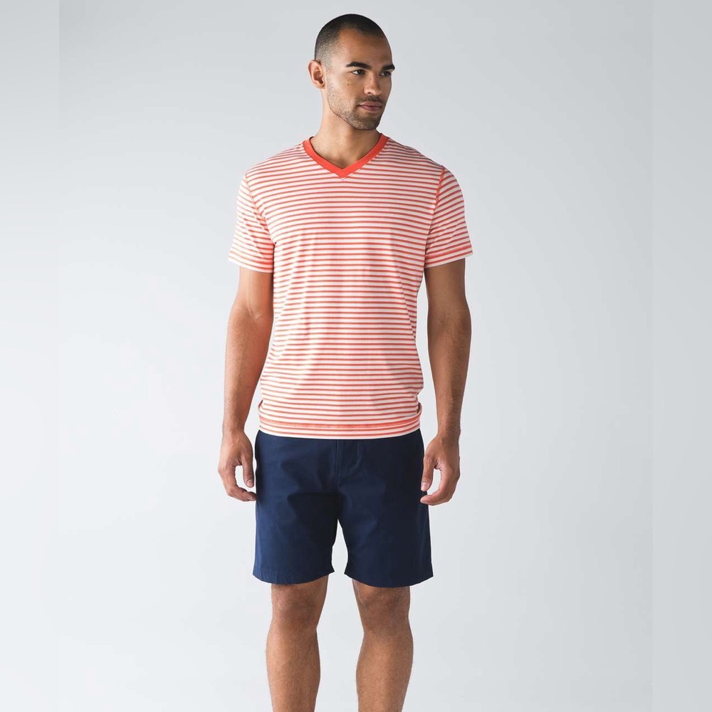 Lululemon Men’s 5 Year Basic V T Shirt Short Sleeve Navy White Striped XXL / 2XL